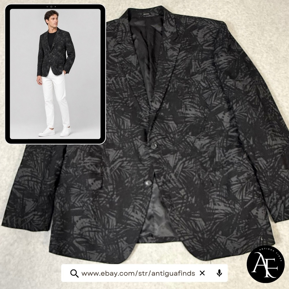 JF J. Ferrar Mens 48R Slim Fit Blazer Black Palm Leaf Print Linen Cotton Blend